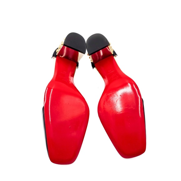 Christian Louboutin Faridaravie 25 Black Patent Leather PVC Gold Block Heels 38 - Picture 9 of 10